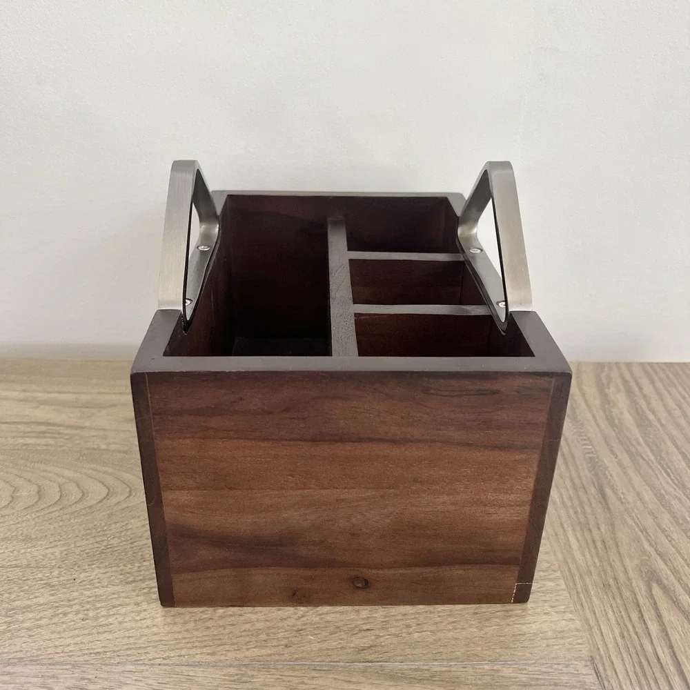 Crate And Barrel Boyd Acacia Wood Flatware Caddy Lacquer Finish Stainless Steel